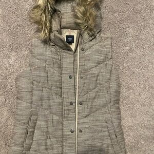 GAP Brown Quilted Vest with Faux Fur Hood
